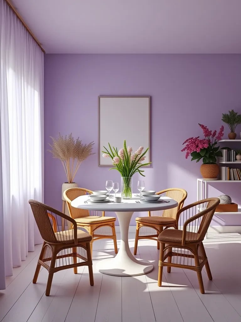 Feminine dining space featuring soft lavender walls and floral accents
