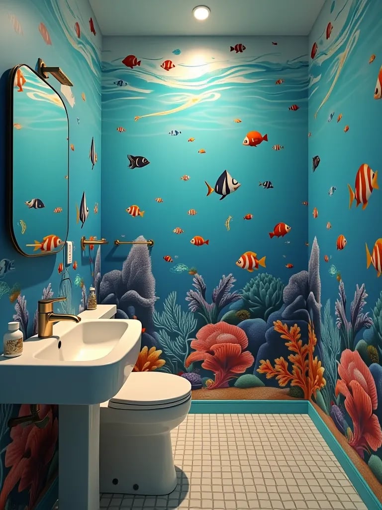 Fun kids’ bathroom with colorful underwater wallpaper