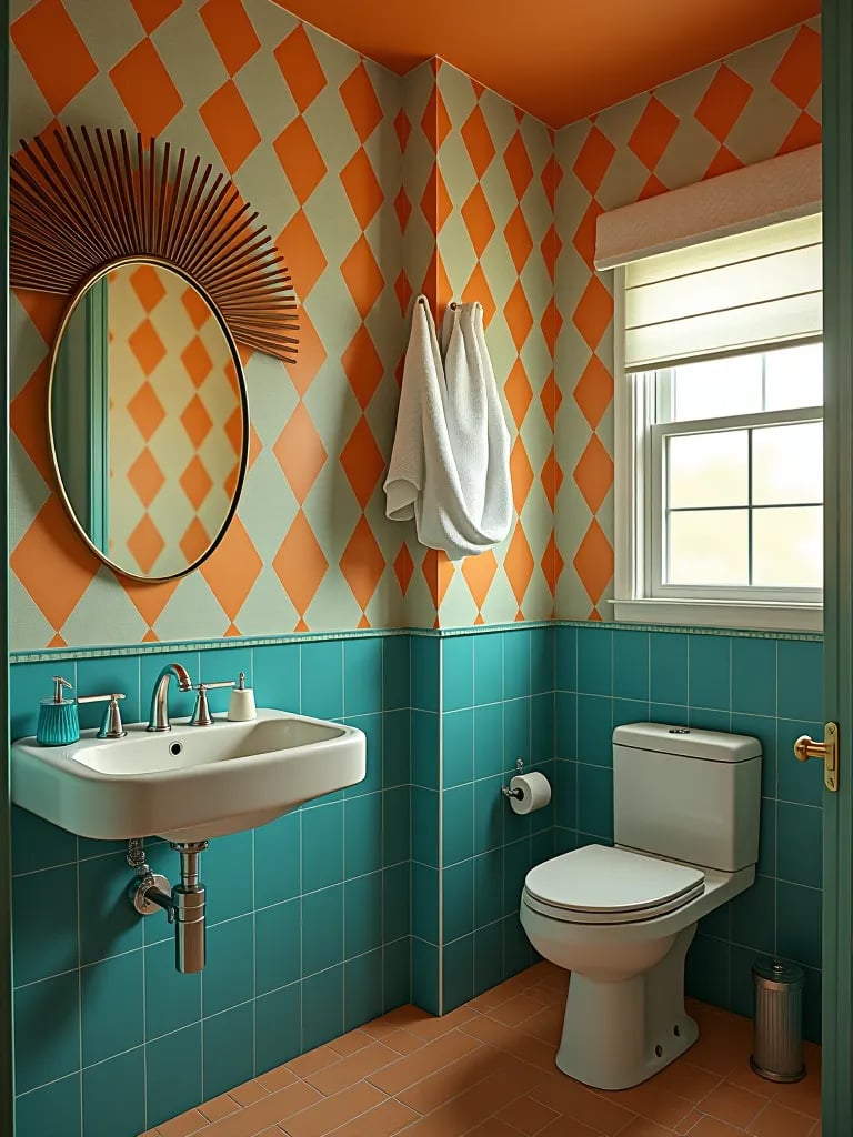 Funky orange and teal removable wallpaper in vintage style bathroom