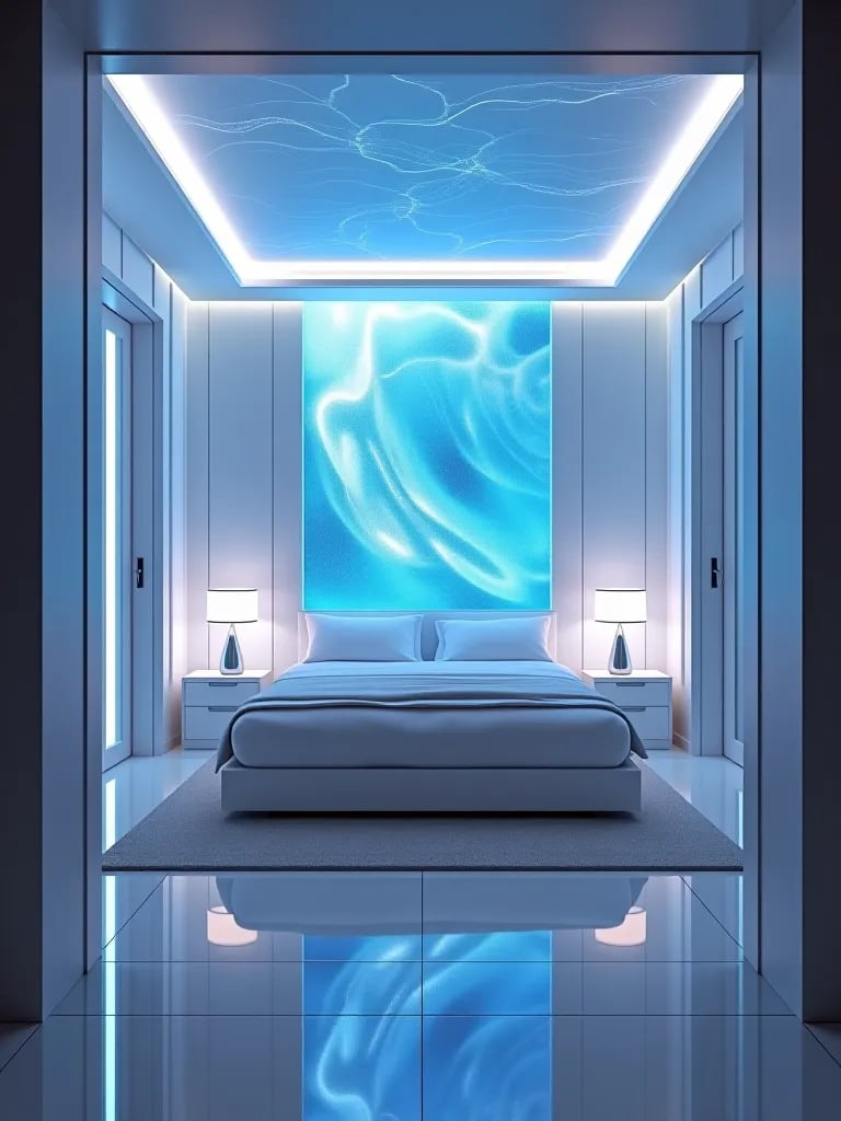 Futuristic bedroom with holographic abstract wallpaper