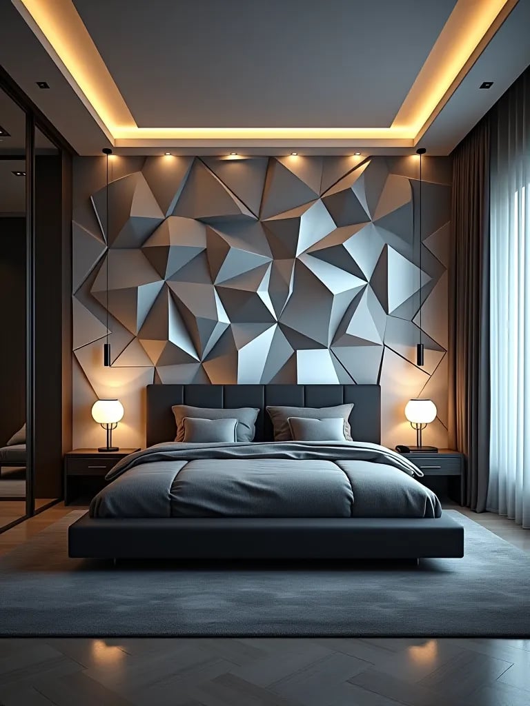 Futuristic bedroom with metallic 3D wallpaper