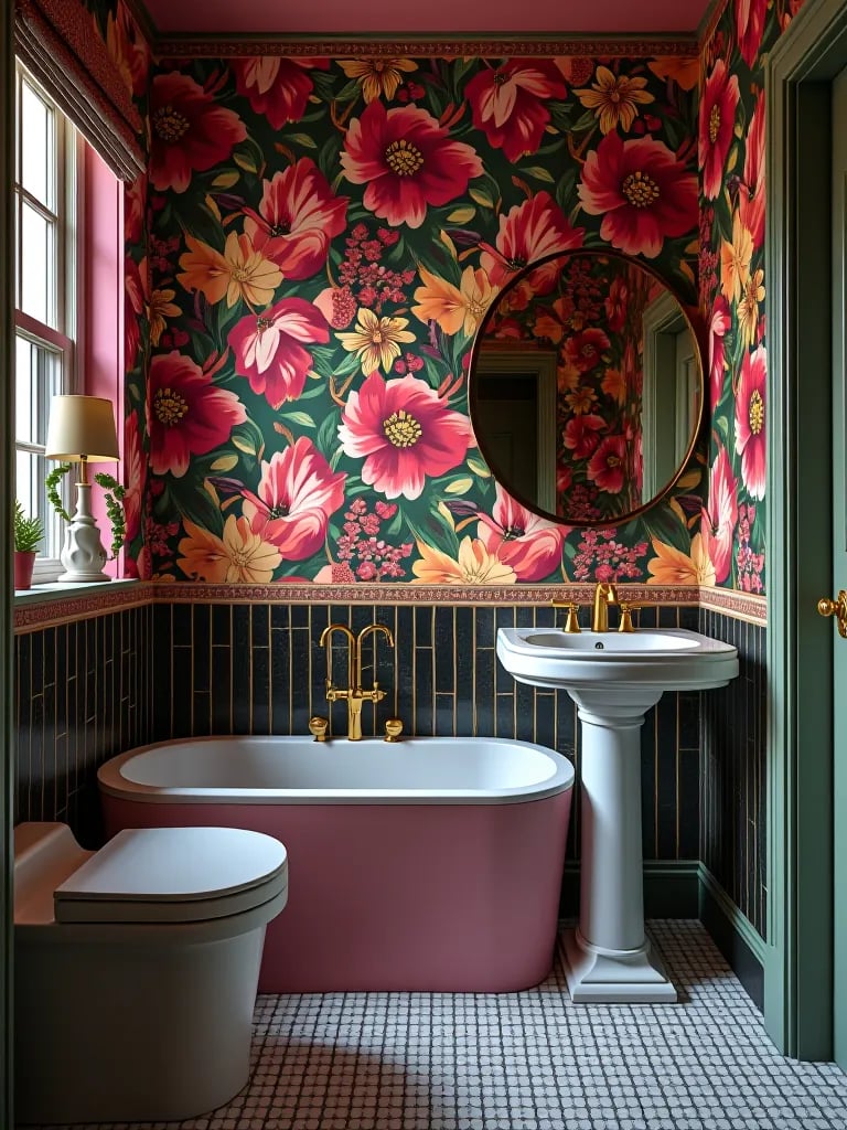 Garden inspired bathroom with large scale floral wallpaper
