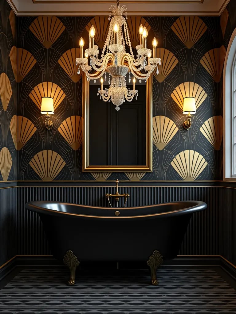 Glamorous Art Deco bathroom with gold and black wallpaper