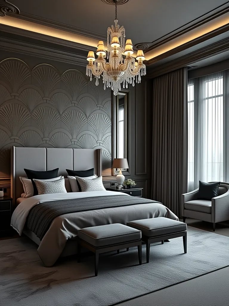 Glamorous art deco bedroom featuring metallic fan pattern wallpaper
