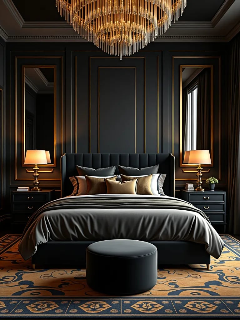Glamorous art deco bedroom with geometric wallpaper