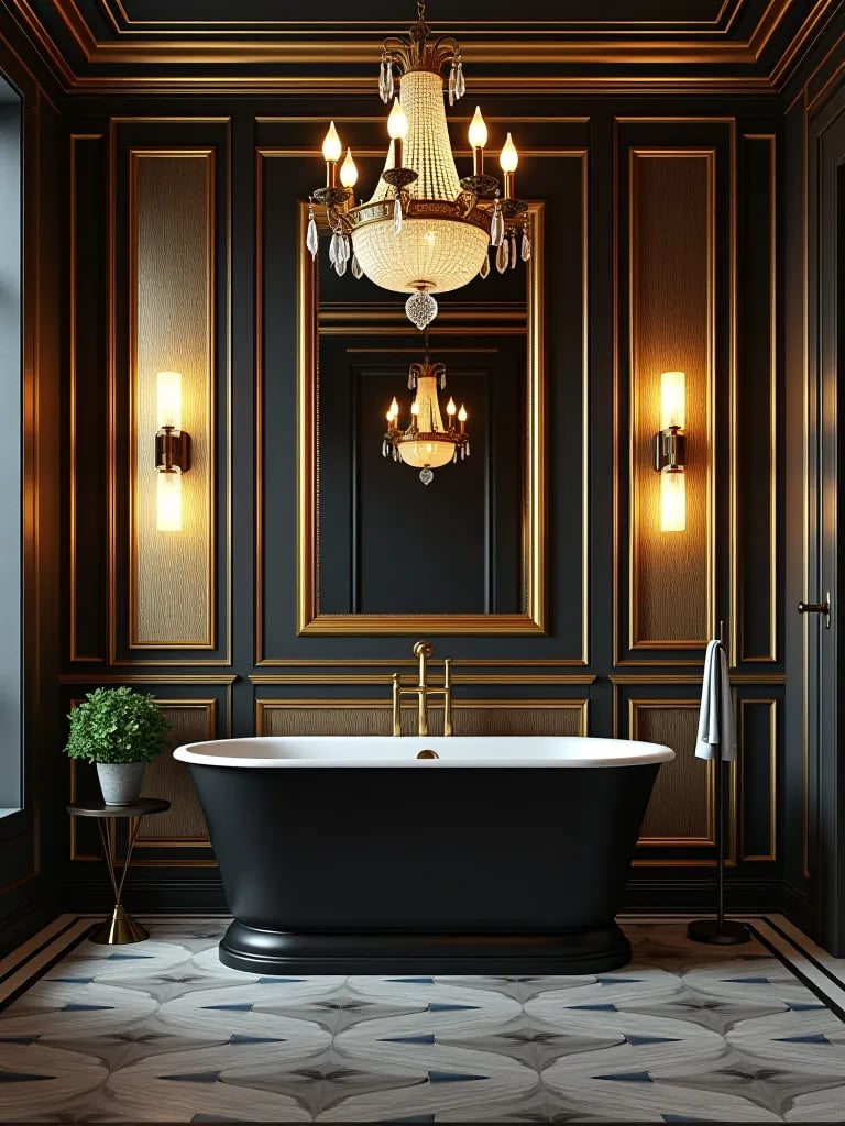 Glamorous bathroom with gold geometric wallpaper and black tub