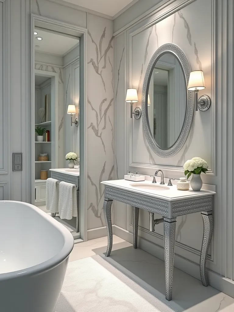 Glamorous bathroom with metallic marble wallpaper