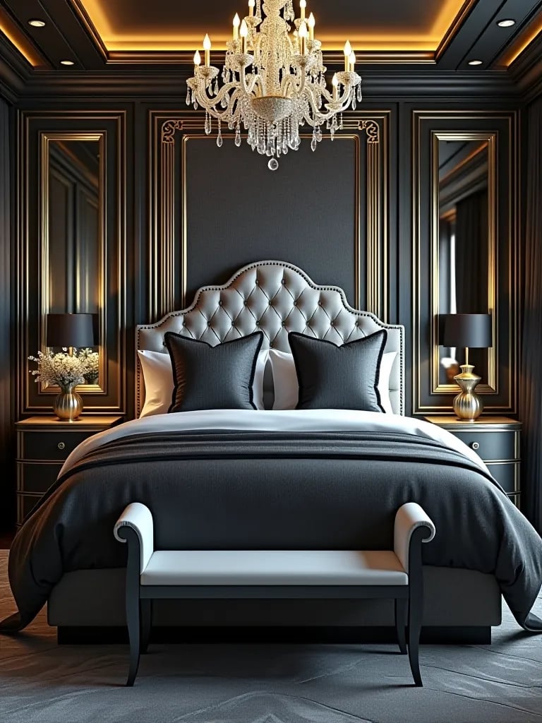 Glamorous bedroom with metallic art deco wallpaper