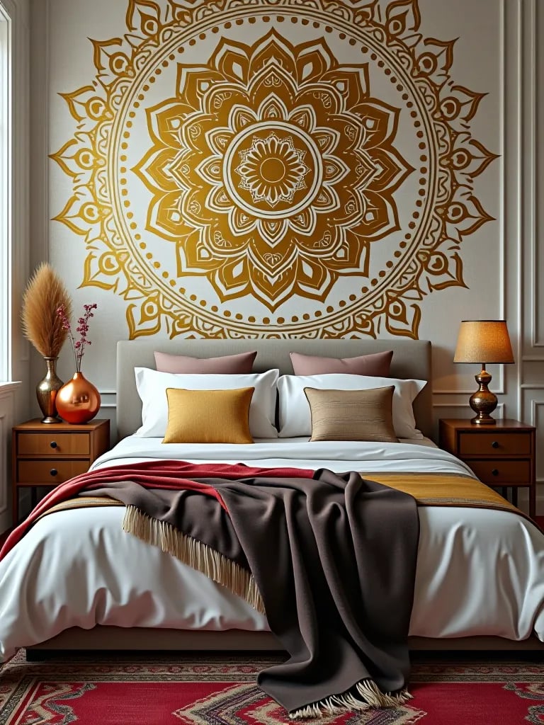 Glamorous bohemian bedroom featuring gold metallic mandala wallpaper