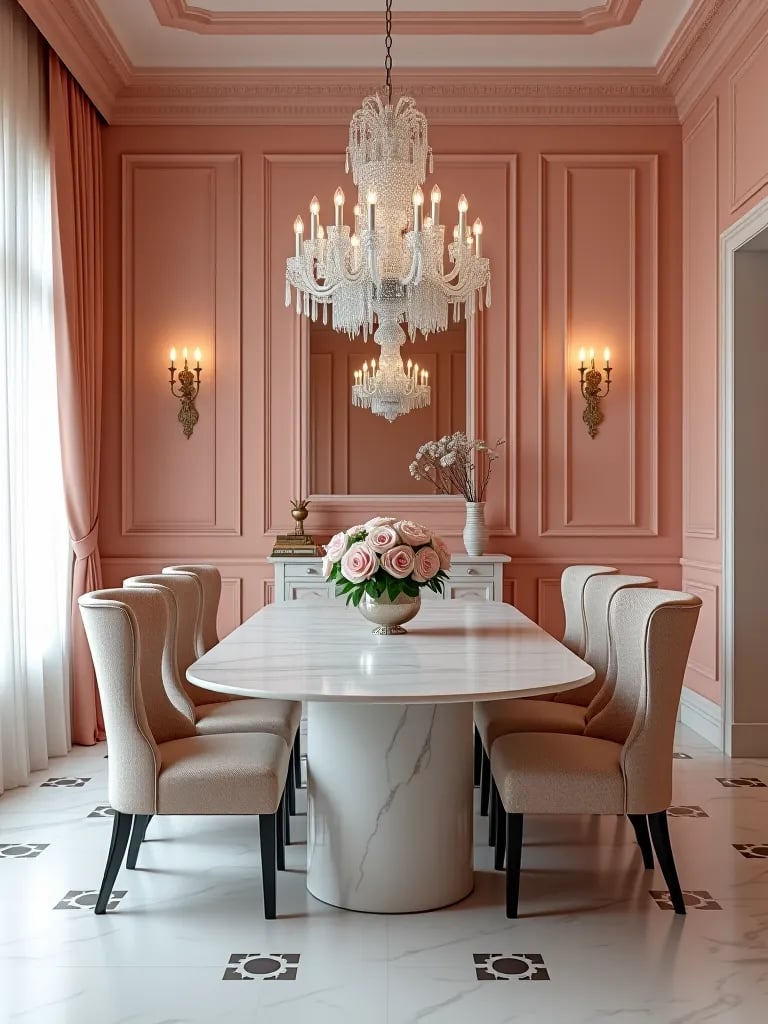 Glamorous dining room with blush pink walls
