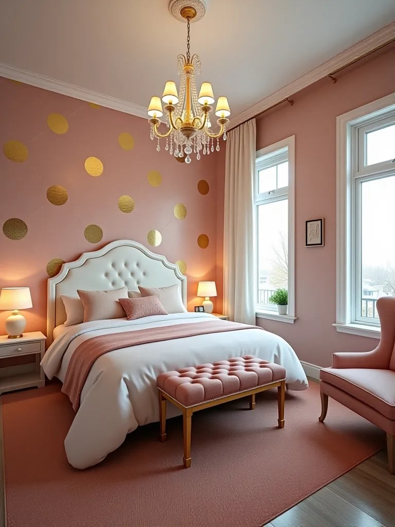 Glamorous small bedroom with gold polka dot wallpaper and modern decor