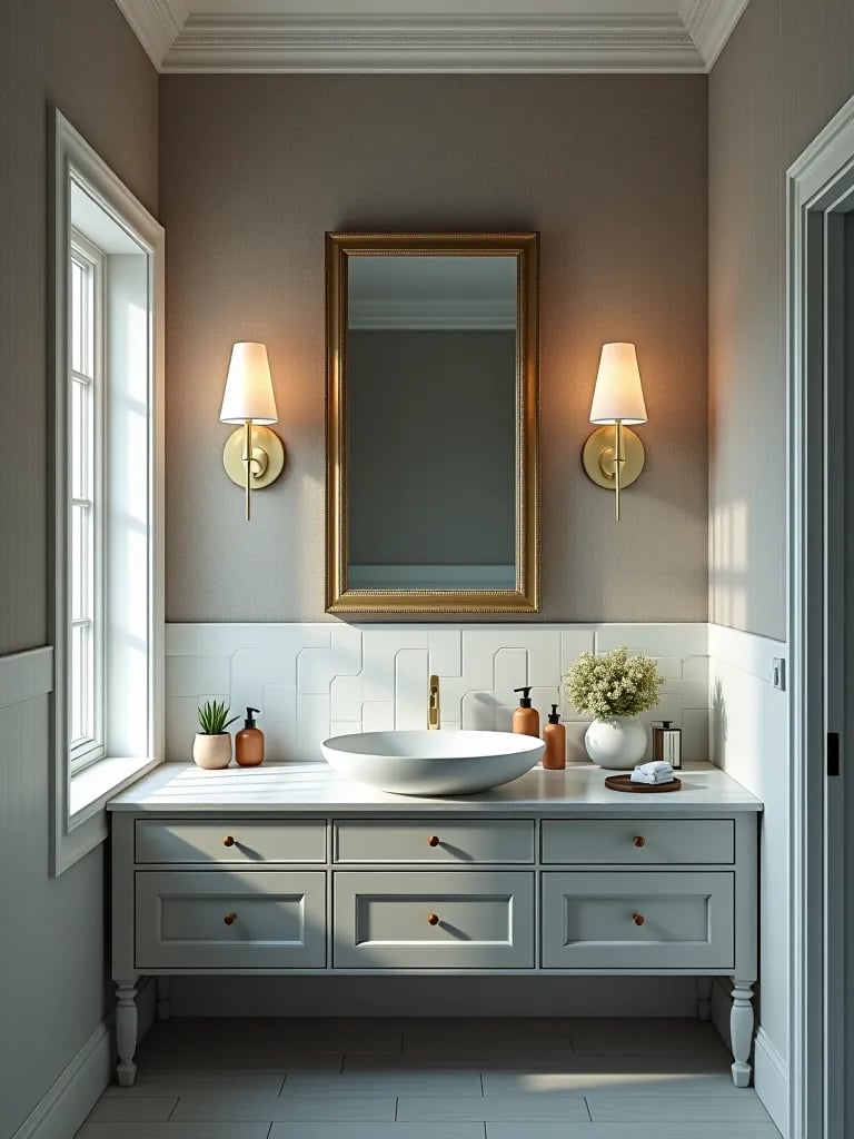 Half installed geometric wallpaper in bathroom