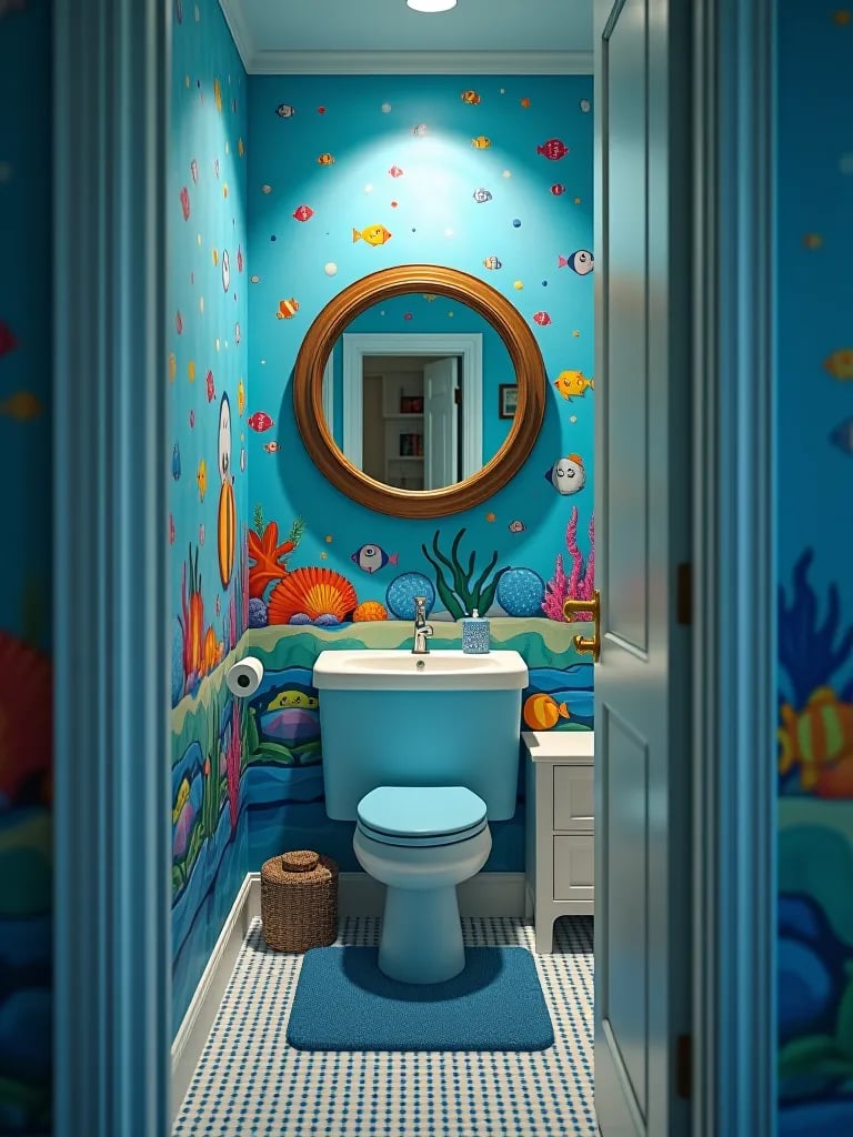 Imaginative bathroom with fish wallpaper and porthole mirror