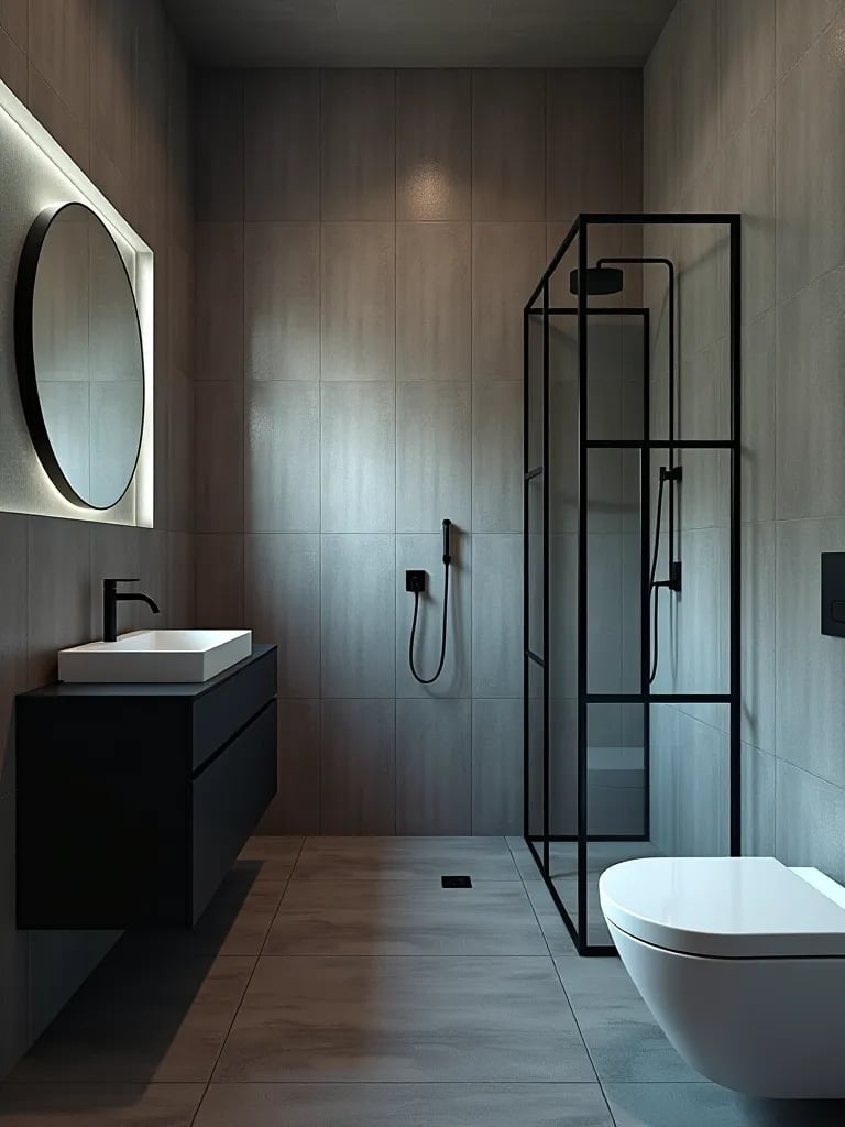 Industrial bathroom with concrete wallpaper and metal accents