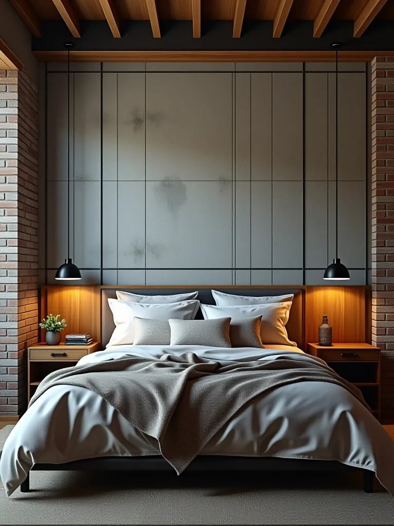 Industrial chic bedroom with concrete effect wallpaper