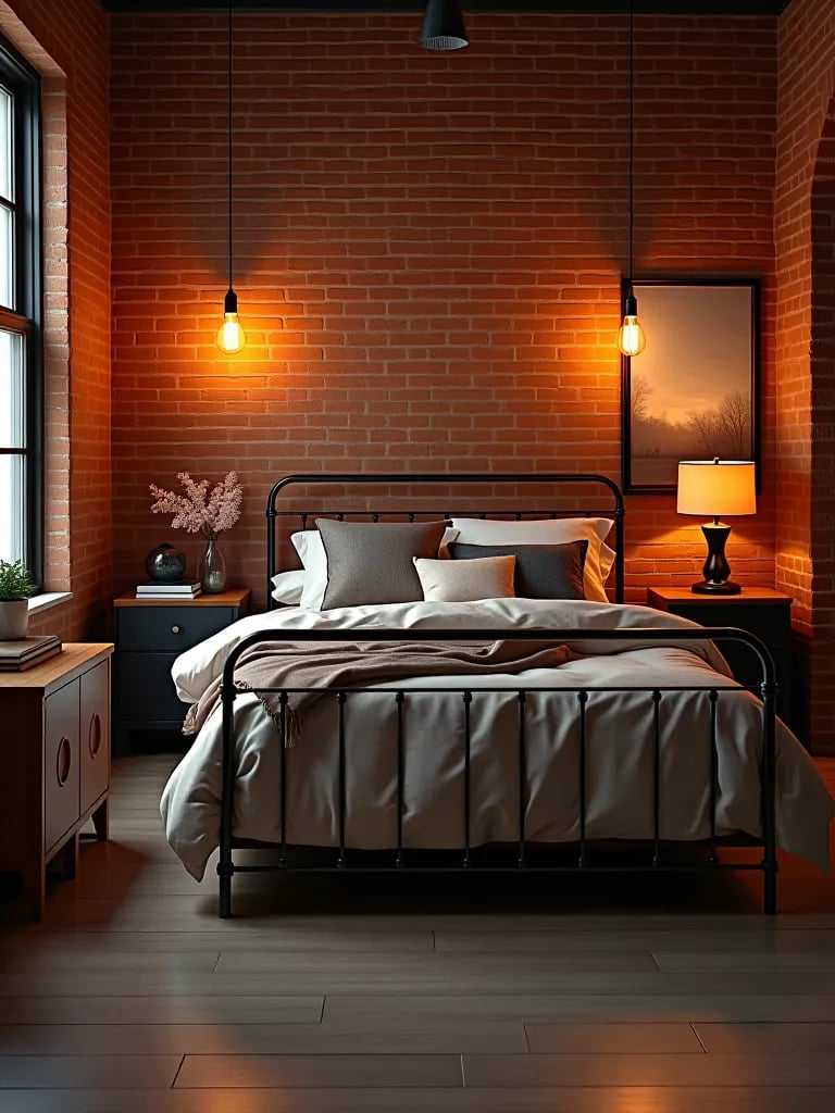 Industrial chic bedroom with exposed brick wallpaper