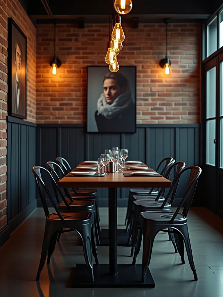 Industrial chic dining room with charcoal gray brick walls