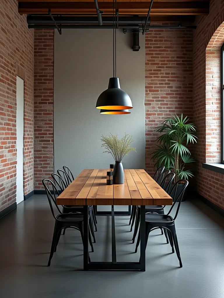 Industrial dining room with gray painted brick and reclaimed wood table