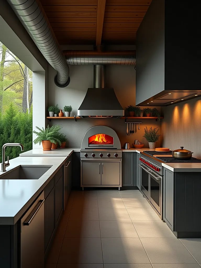 Industrial outdoor kitchen with concrete and metal elements
