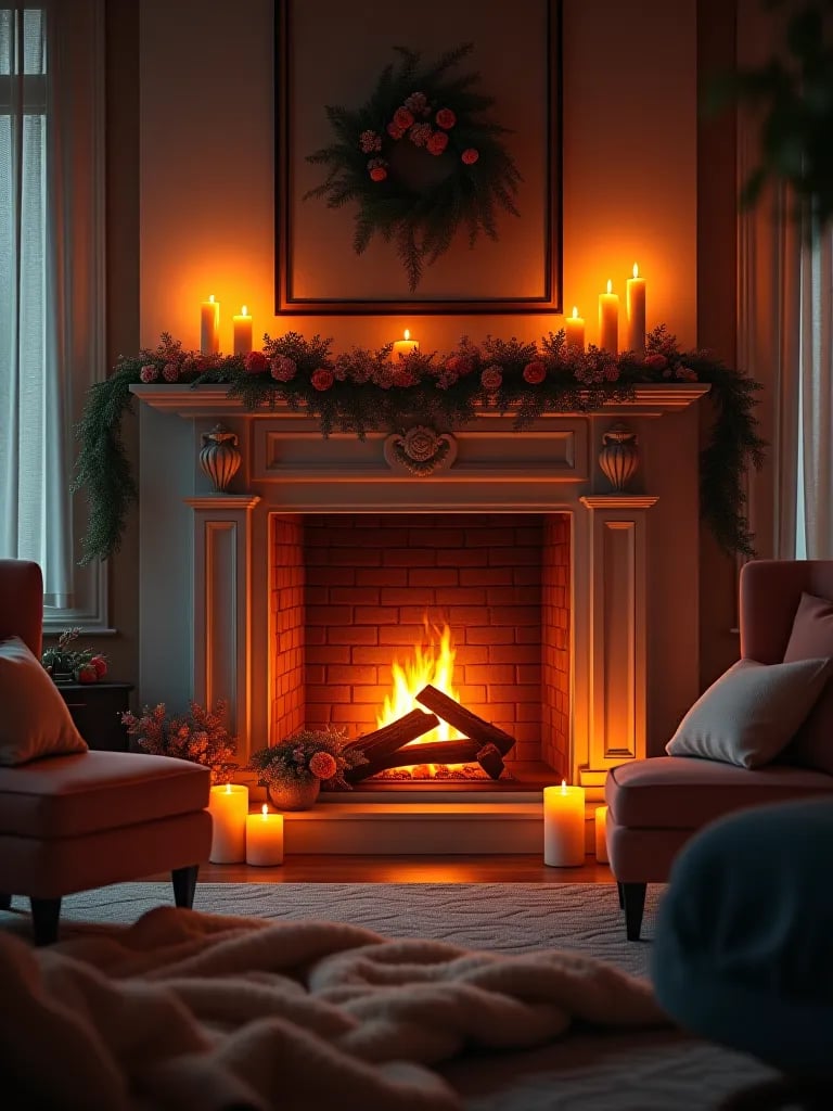 Intimate bedroom setting with fireplace and warm lighting