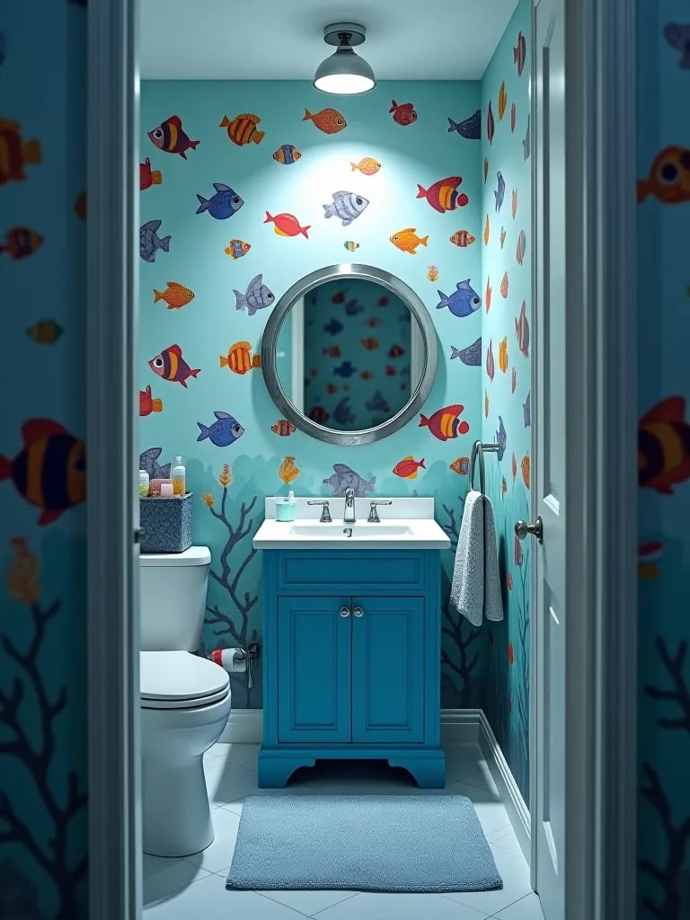 Kids’ bathroom with underwater themed wallpaper