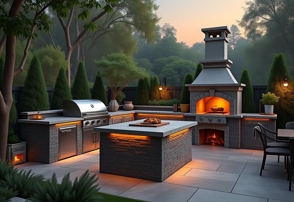 L shaped outdoor kitchen with grill and pizza oven