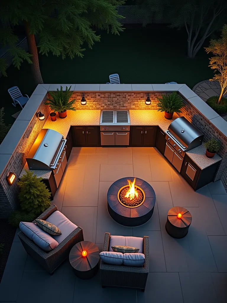 L shaped outdoor kitchen with smoker and fire pit