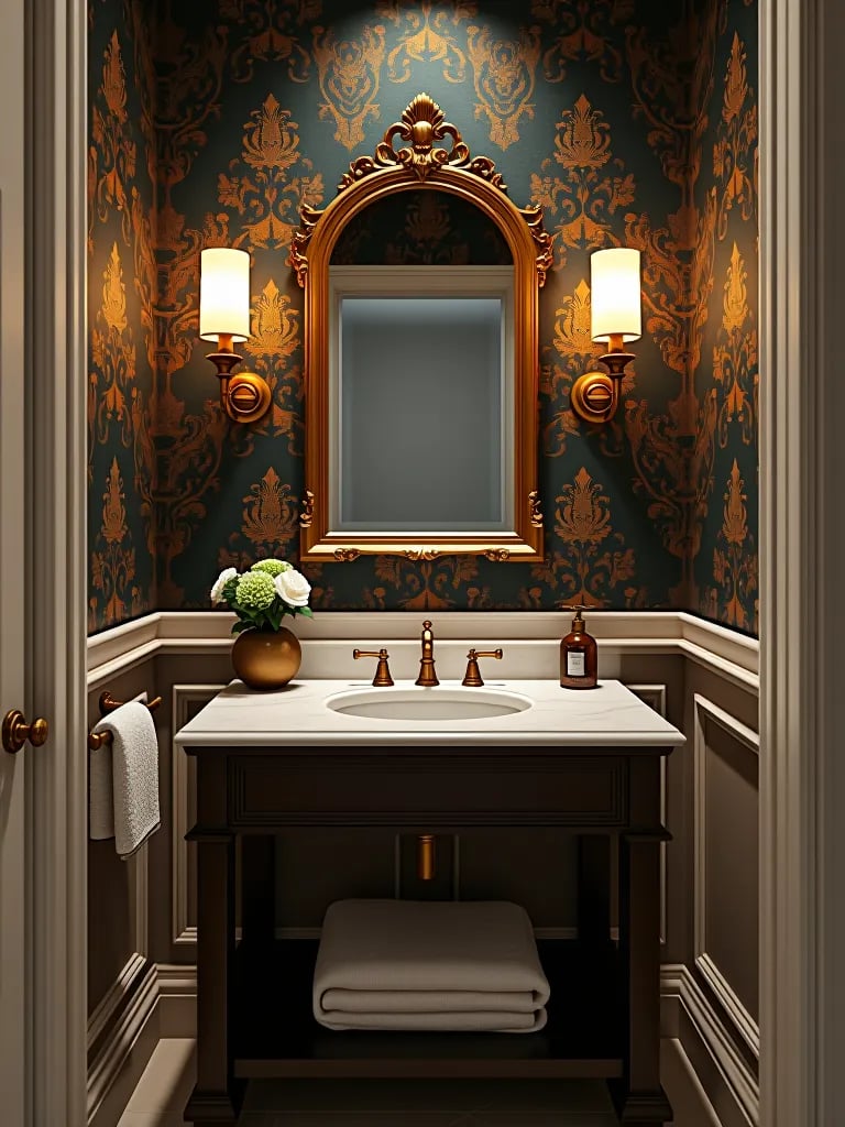 Luxurious bathroom featuring damask wallpaper and marble vanity