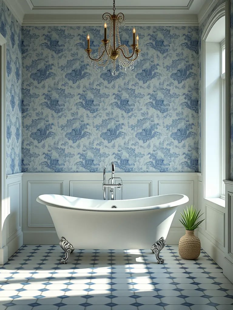 Luxurious bathroom featuring toile wallpaper and chandelier