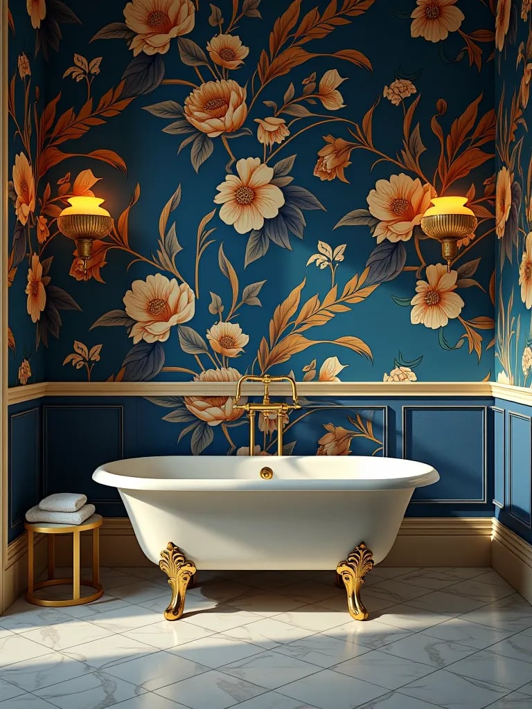 Luxurious bathroom with blue and gold floral wallpaper