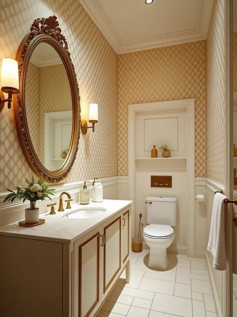 Luxurious bathroom with gold geometric wallpaper