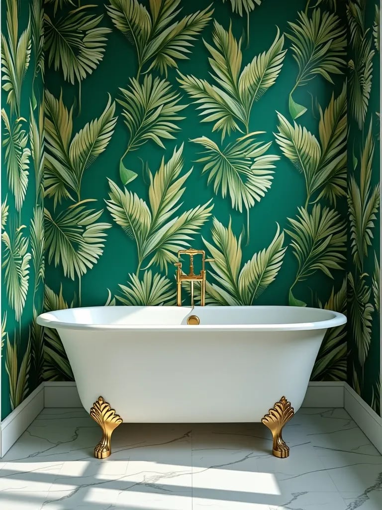 Luxurious bathroom with tropical palm leaf wallpaper