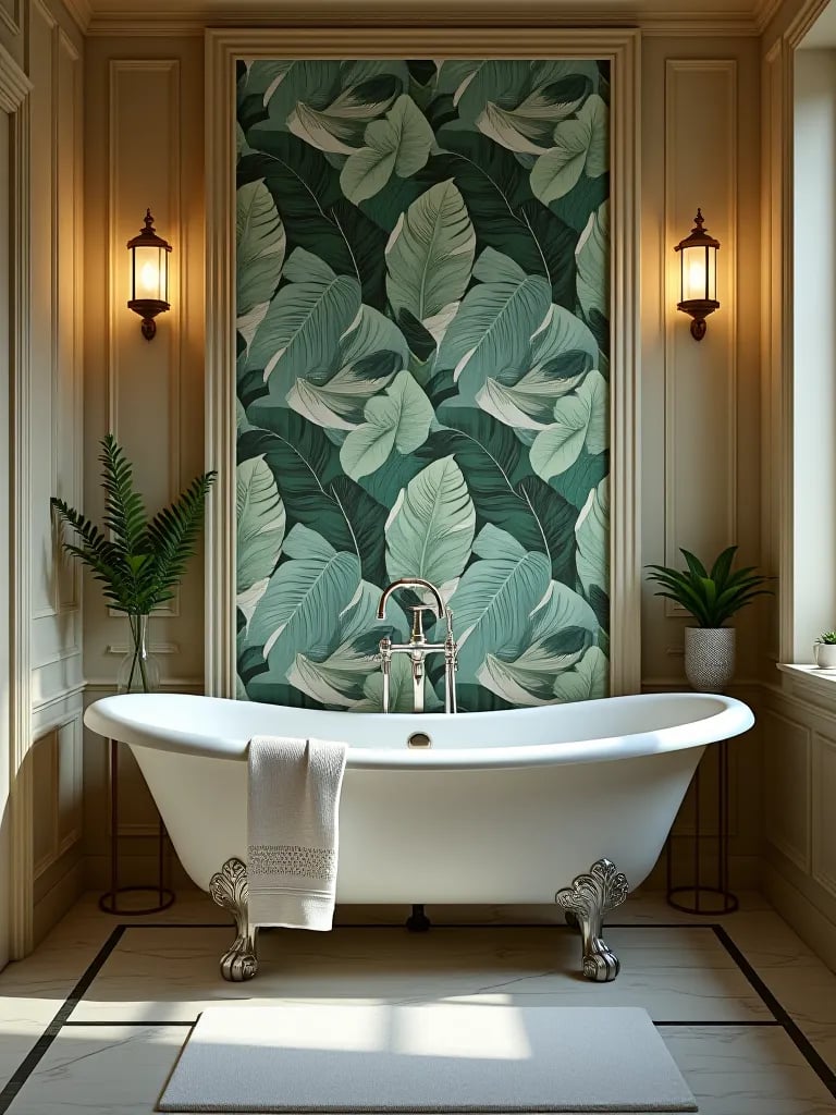 Luxurious bathroom with tropical wallpaper