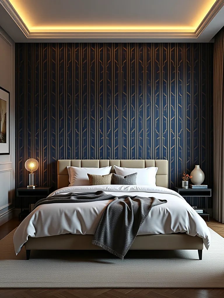 Luxurious bedroom featuring bold geometric wallpaper