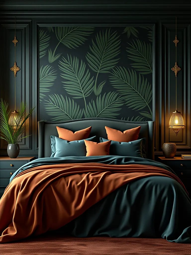 Luxurious bedroom with dark tropical leaf wallpaper