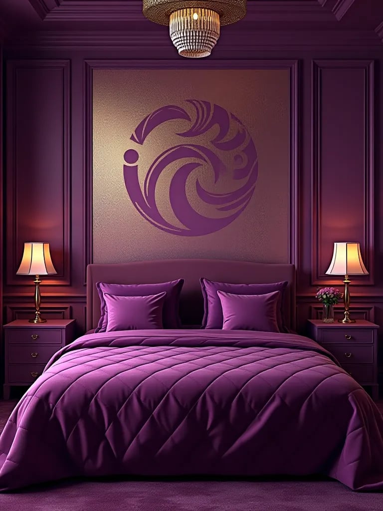 Luxurious bedroom with purple walls and gold metallic abstract wallpaper