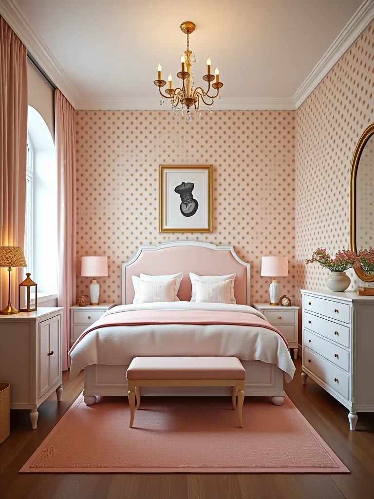 Luxurious compact bedroom featuring gold dotted wallpaper and blush accents