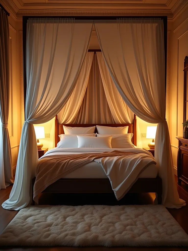 Luxurious compact bedroom with canopy and plush textures