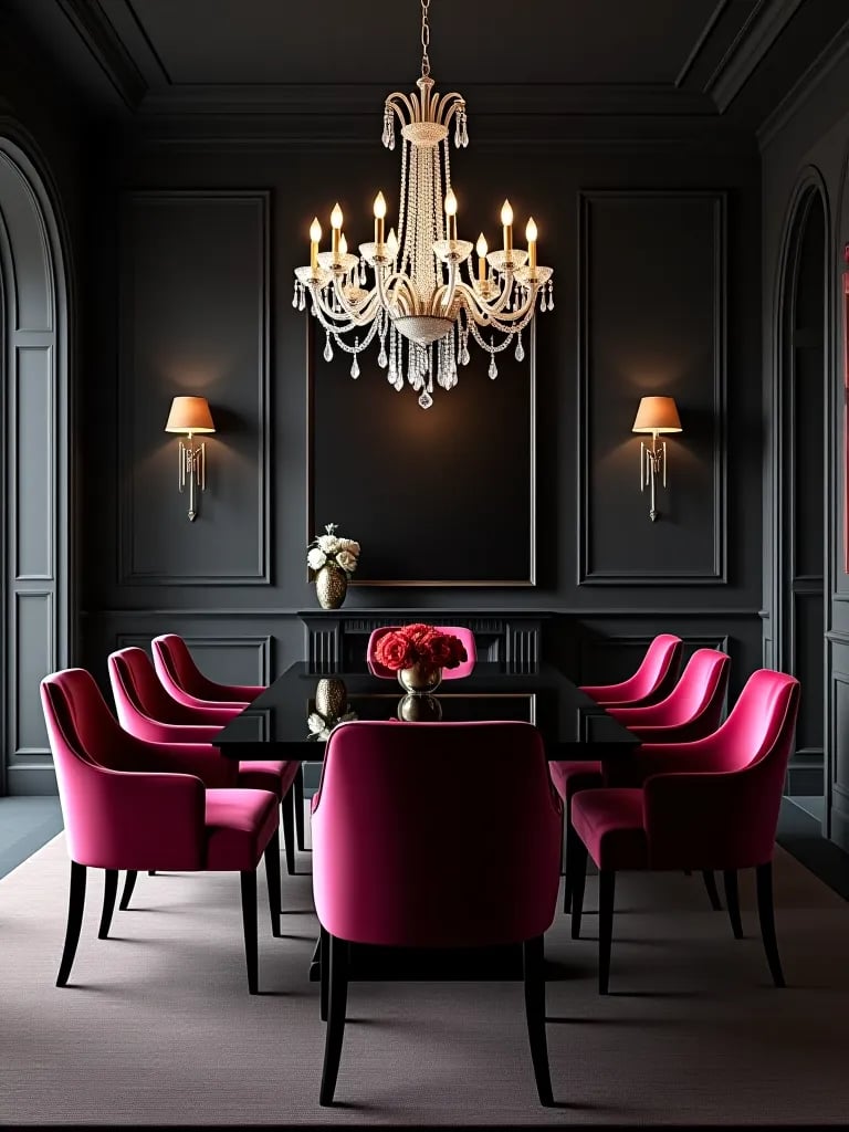 Luxurious dark dining space with crystal chandelier and velvet chairs