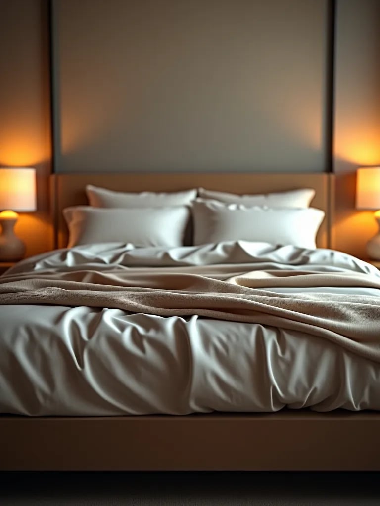 Luxurious king size bed with layered neutral bedding and warm lighting