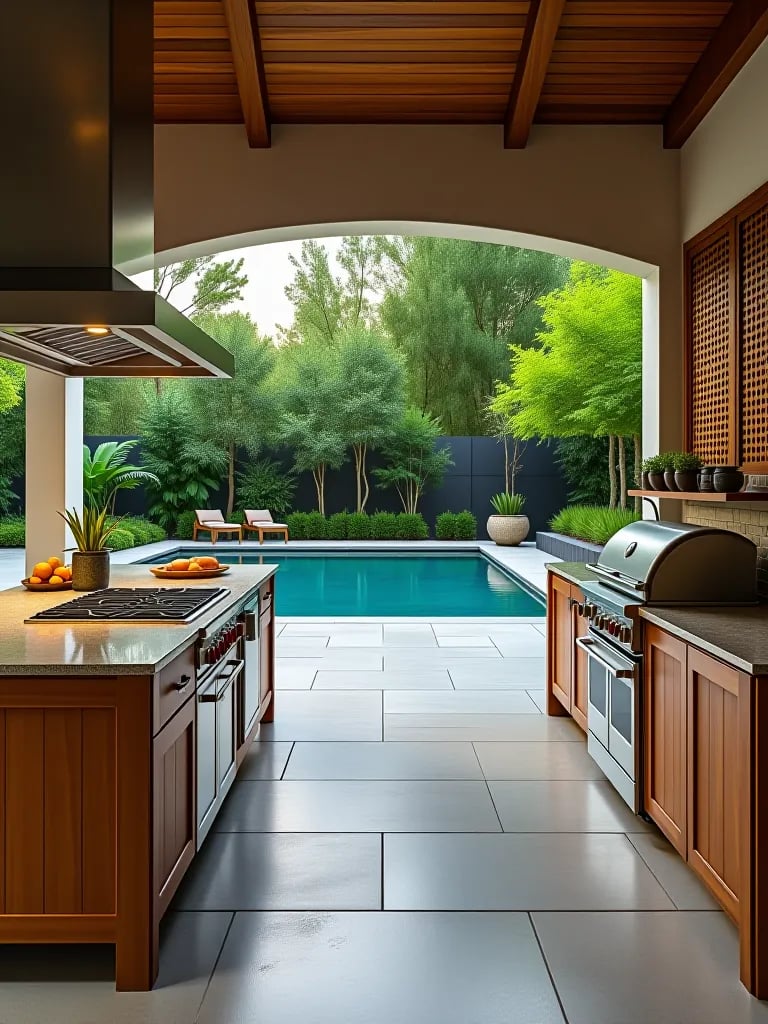Luxurious outdoor kitchen with mixed materials