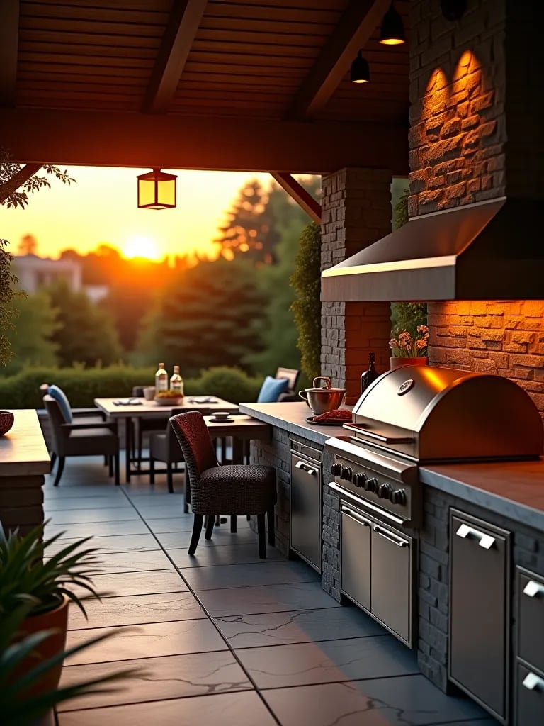Luxurious outdoor kitchen with pizza oven and grill at sunset