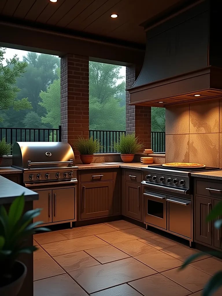 Luxurious outdoor kitchen with stainless steel appliances and granite countertops