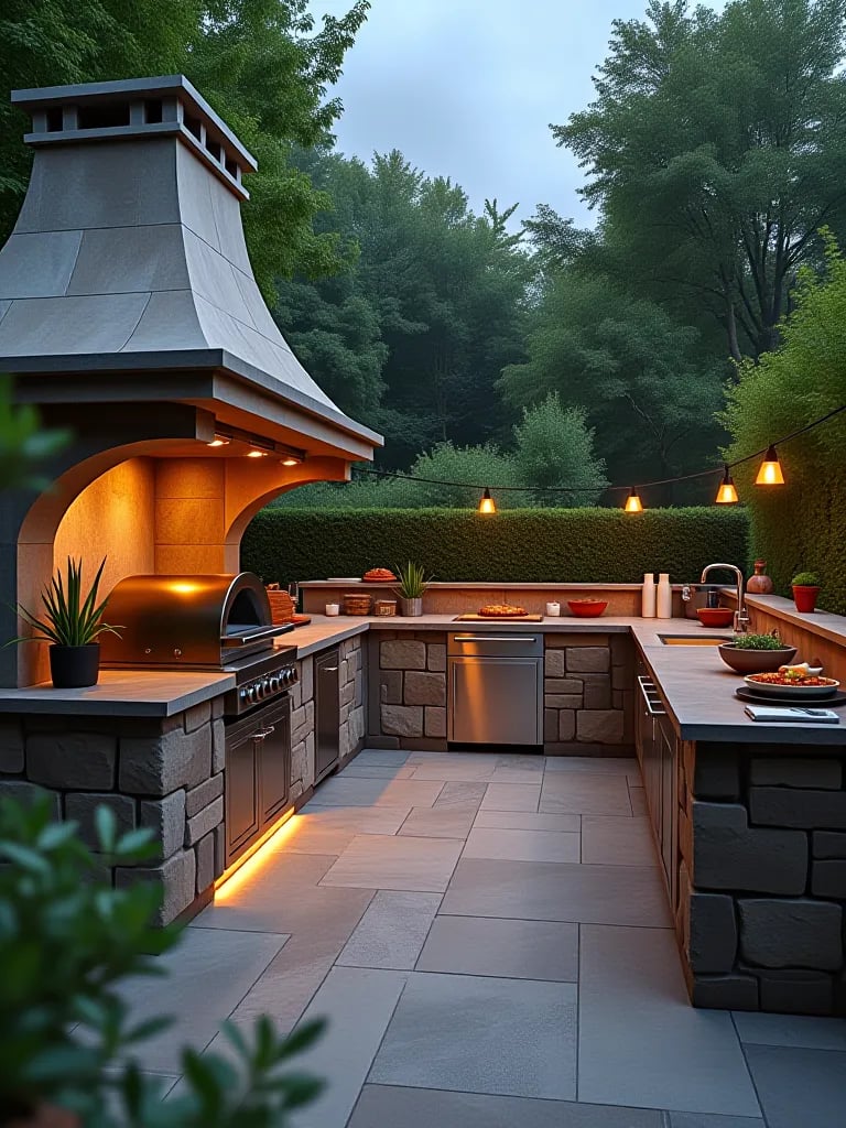Luxurious outdoor kitchen with stone countertop and ambient lighting