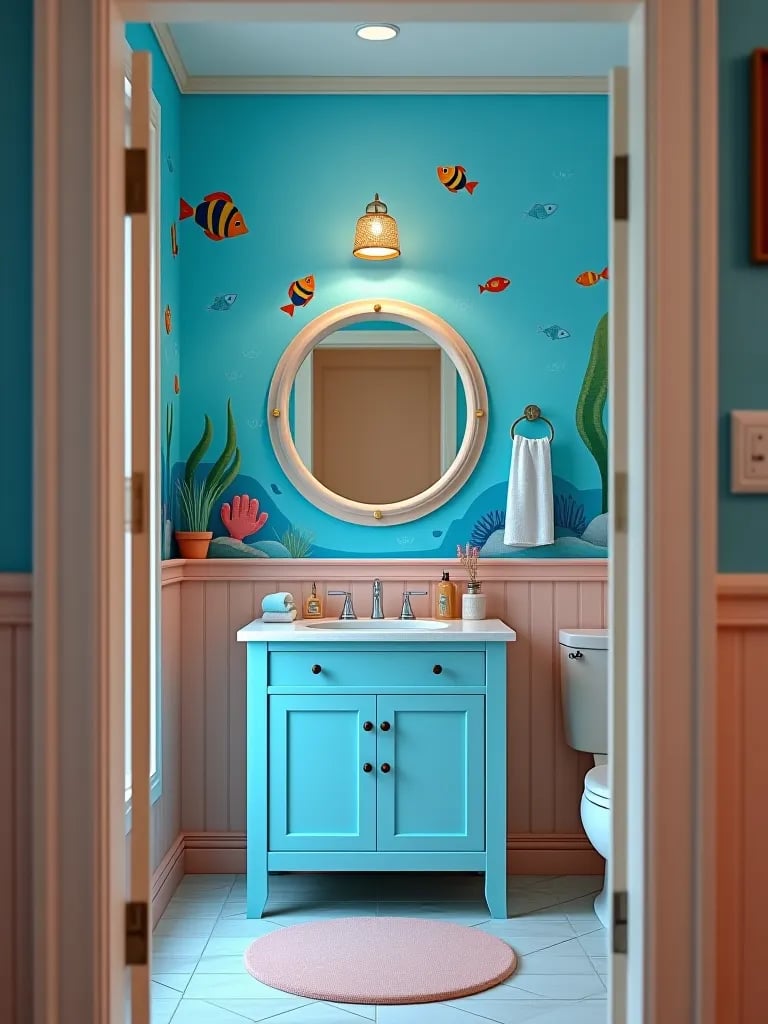 Magical kids’ bathroom with sea life wallpaper