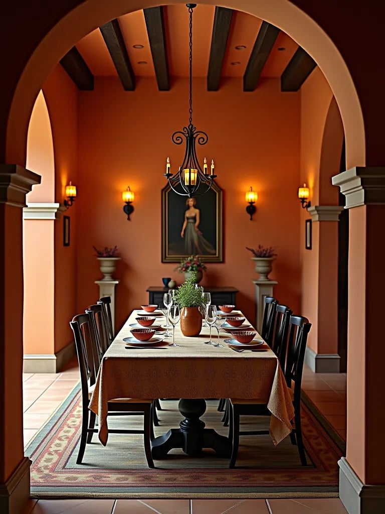 Mediterranean inspired dining room with terra cotta walls
