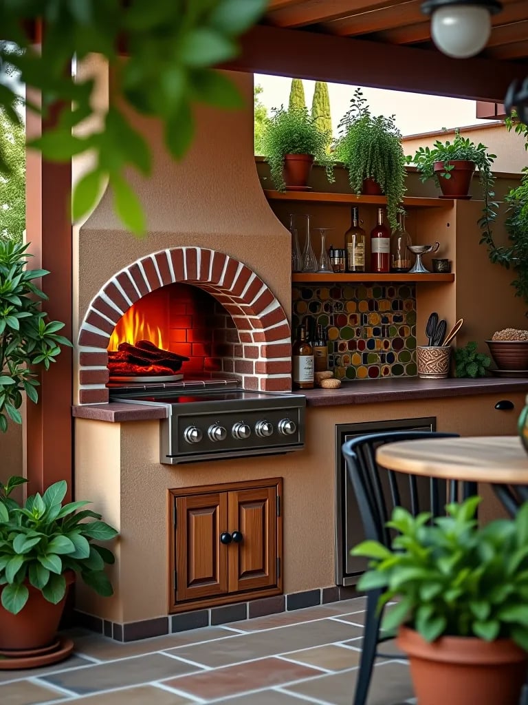 Mediterranean outdoor kitchen with brick pizza oven
