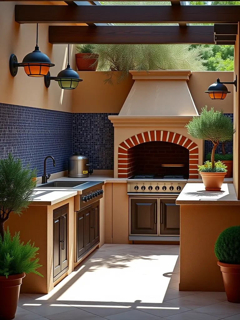 Mediterranean outdoor kitchen with mosaic tile and brick oven