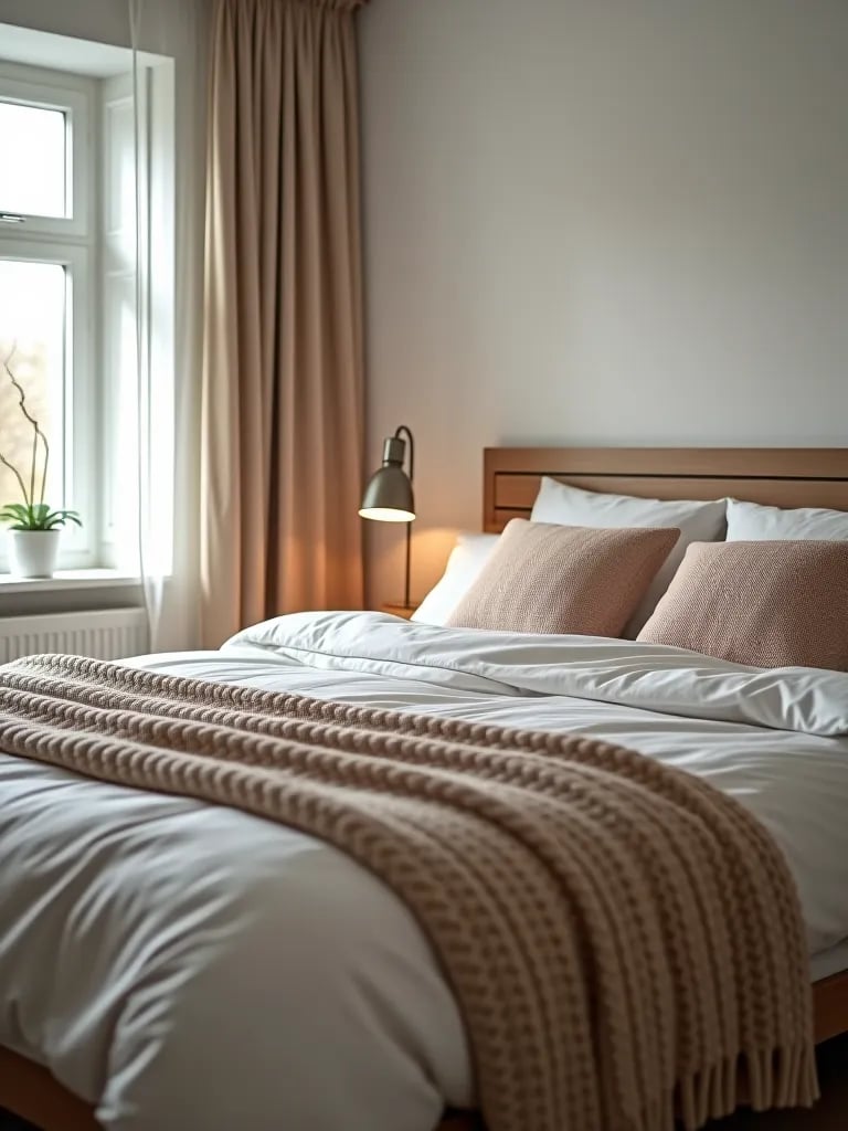 Minimalist Scandinavian bedroom with cozy textures