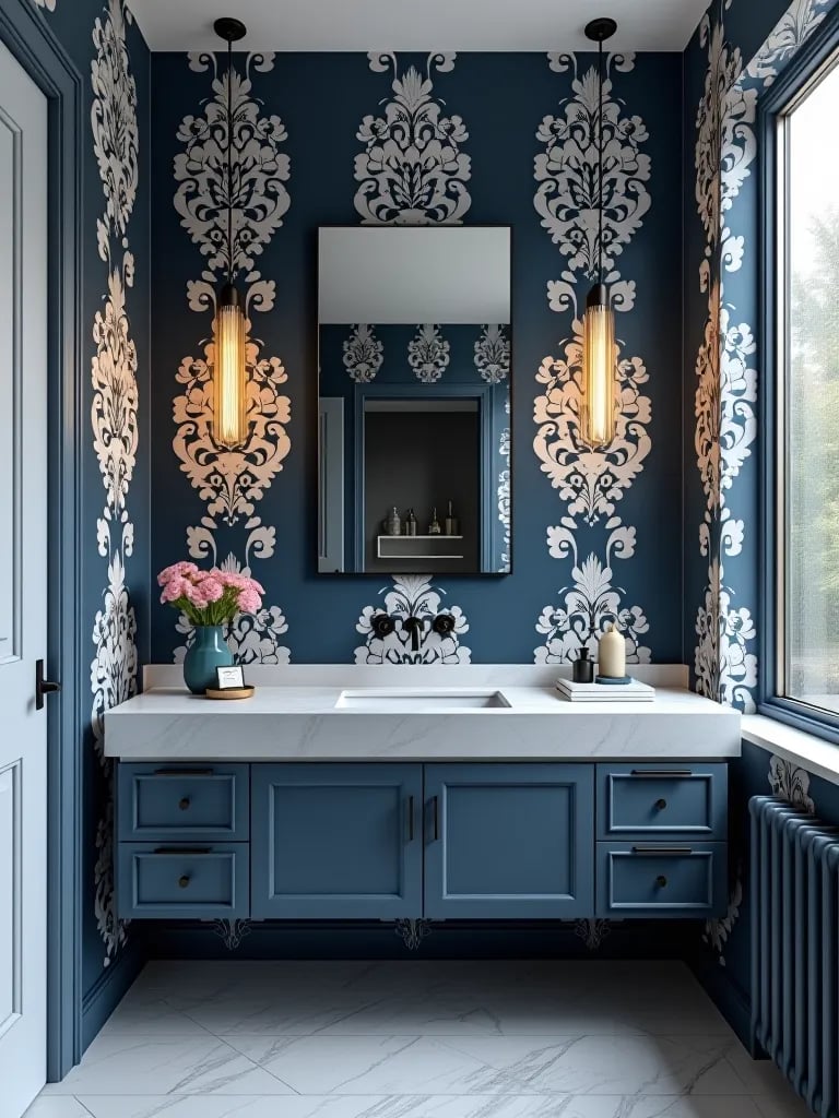 Minimalist bathroom with bold damask wallpaper
